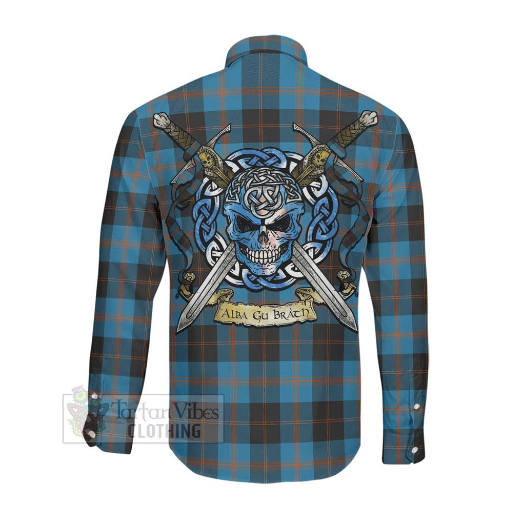 Tartan Vibes Clothing Garden (Gardyne) Tartan Long Sleeve Button Shirt with Family Crest Celtic Skull Style