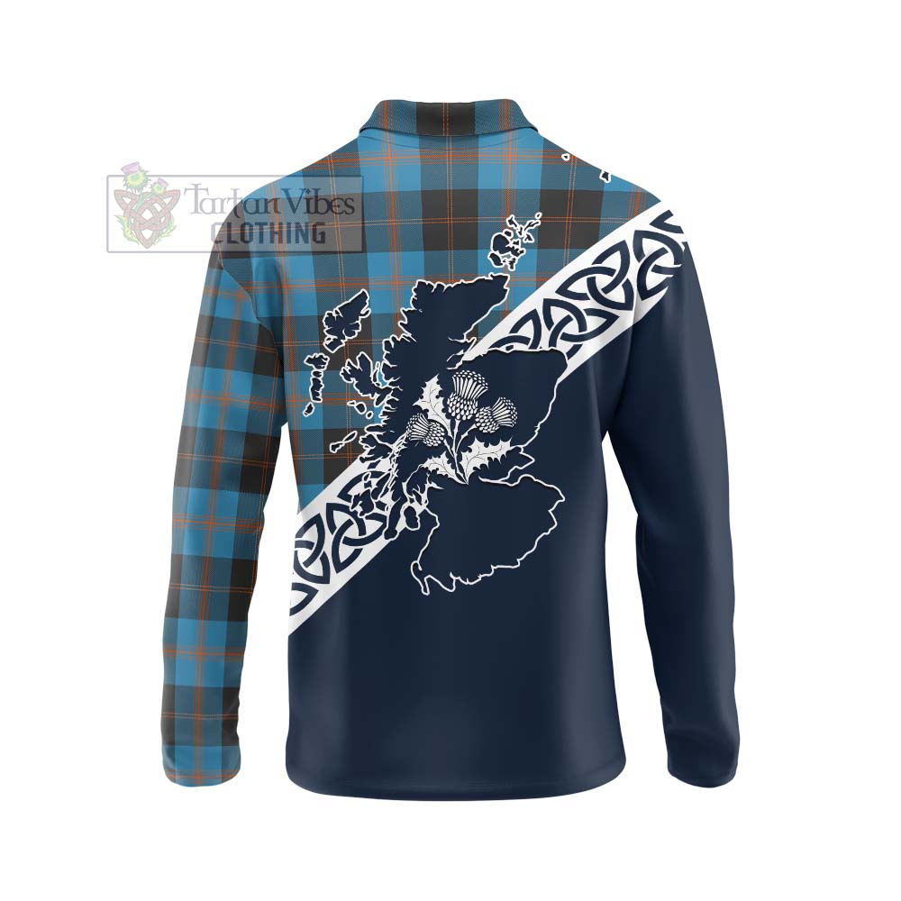 Tartan Vibes Clothing Garden (Gardyne) Tartan Long Sleeve Polo Shirt Featuring Thistle and Scotland Map