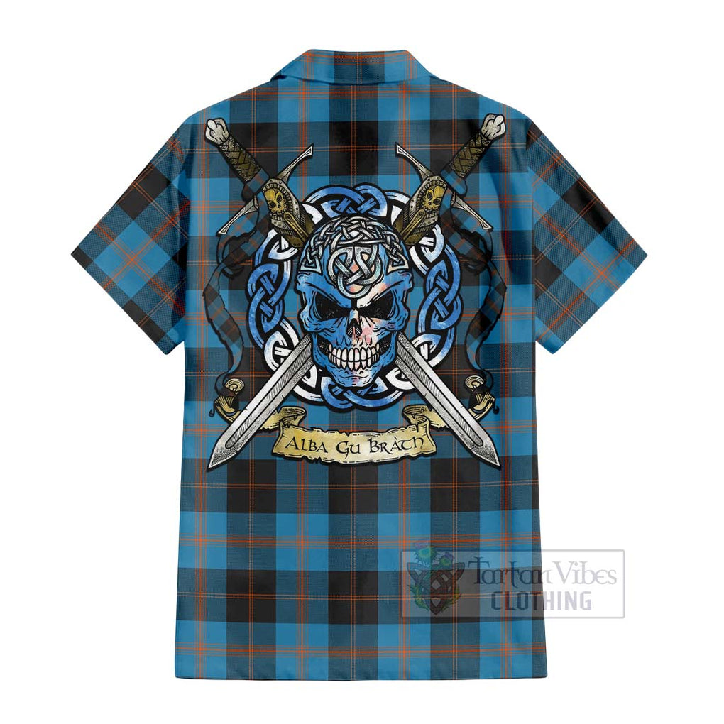 Tartan Vibes Clothing Garden (Gardyne) Tartan Short Sleeve Button Shirt with Family Crest Celtic Skull Style