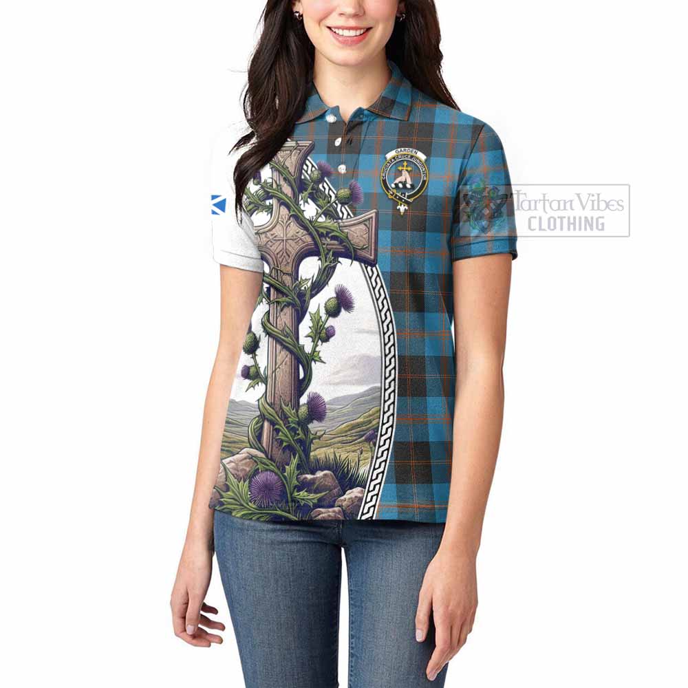 Tartan Vibes Clothing Garden (Gardyne) Tartan Women's Polo Shirt with Family Crest and St. Andrew's Cross Accented by Thistle Vines