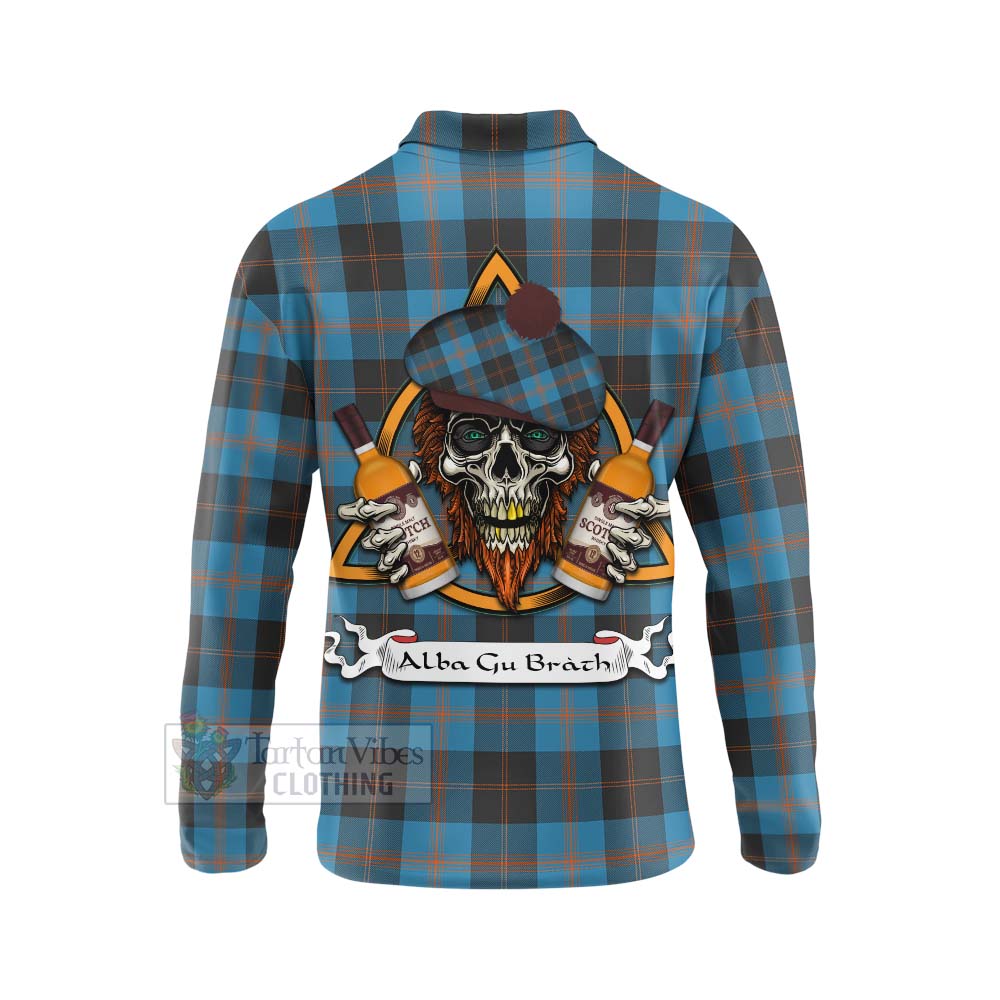 Tartan Vibes Clothing Garden (Gardyne) Tartan Long Sleeve Polo Shirt with Family Crest and Bearded Skull Holding Bottles of Whiskey