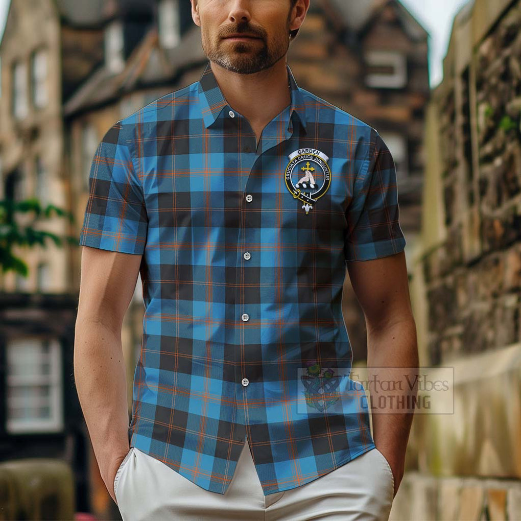 Tartan Vibes Clothing Garden (Gardyne) Tartan Short Sleeve Button Shirt with Family Crest and Bearded Skull Holding Bottles of Whiskey