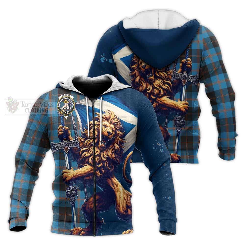 Tartan Vibes Clothing Garden (Gardyne) Tartan Family Crest Knitted Hoodie with Scottish Majestic Lion