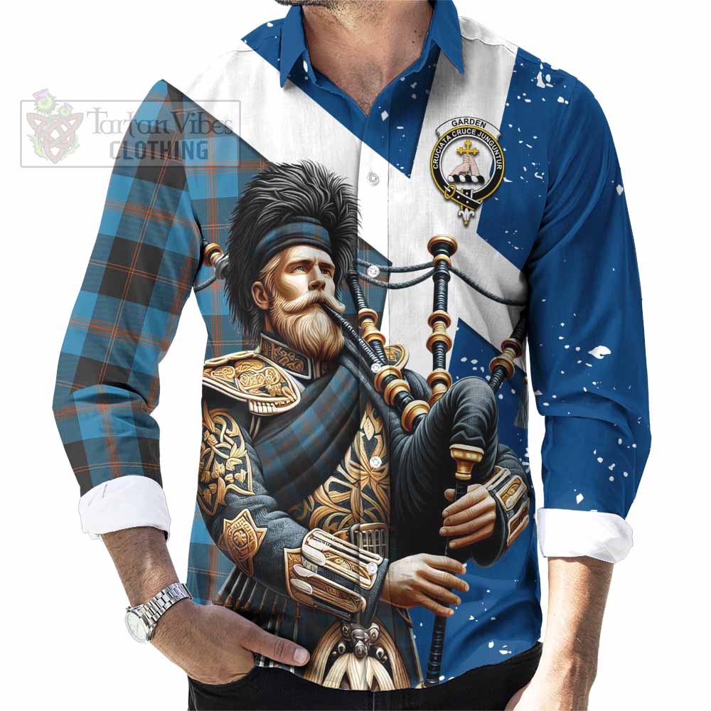 Tartan Vibes Clothing Garden (Gardyne) Tartan Long Sleeve Button Shirt with Family Crest Scottish Bagpiper Vibes