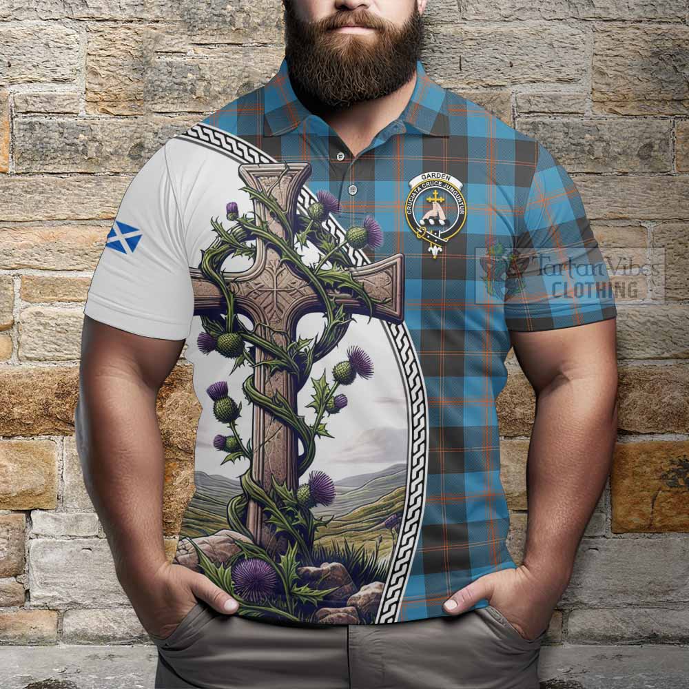 Tartan Vibes Clothing Garden (Gardyne) Tartan Polo Shirt with Family Crest and St. Andrew's Cross Accented by Thistle Vines