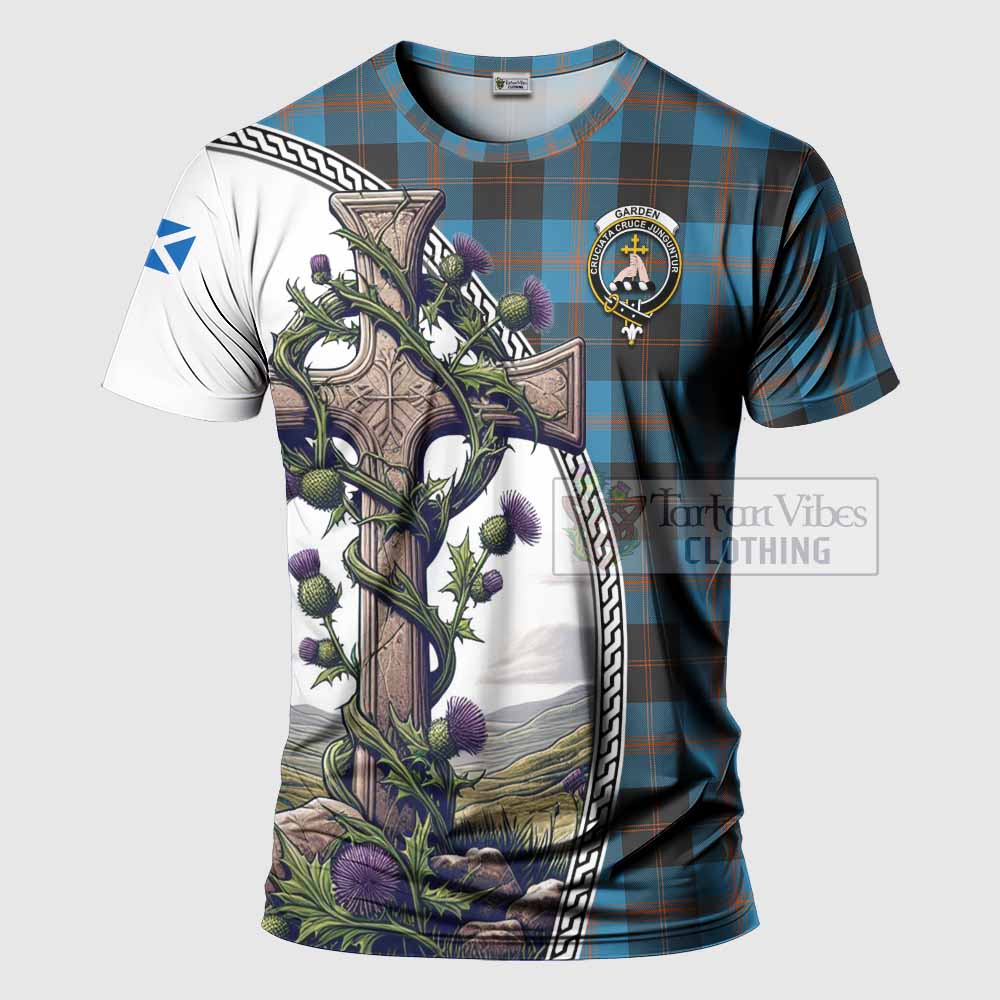 Tartan Vibes Clothing Garden (Gardyne) Agnew Tartan T-Shirt with Family Crest and St. Andrew's Cross Accented by Thistle Vines