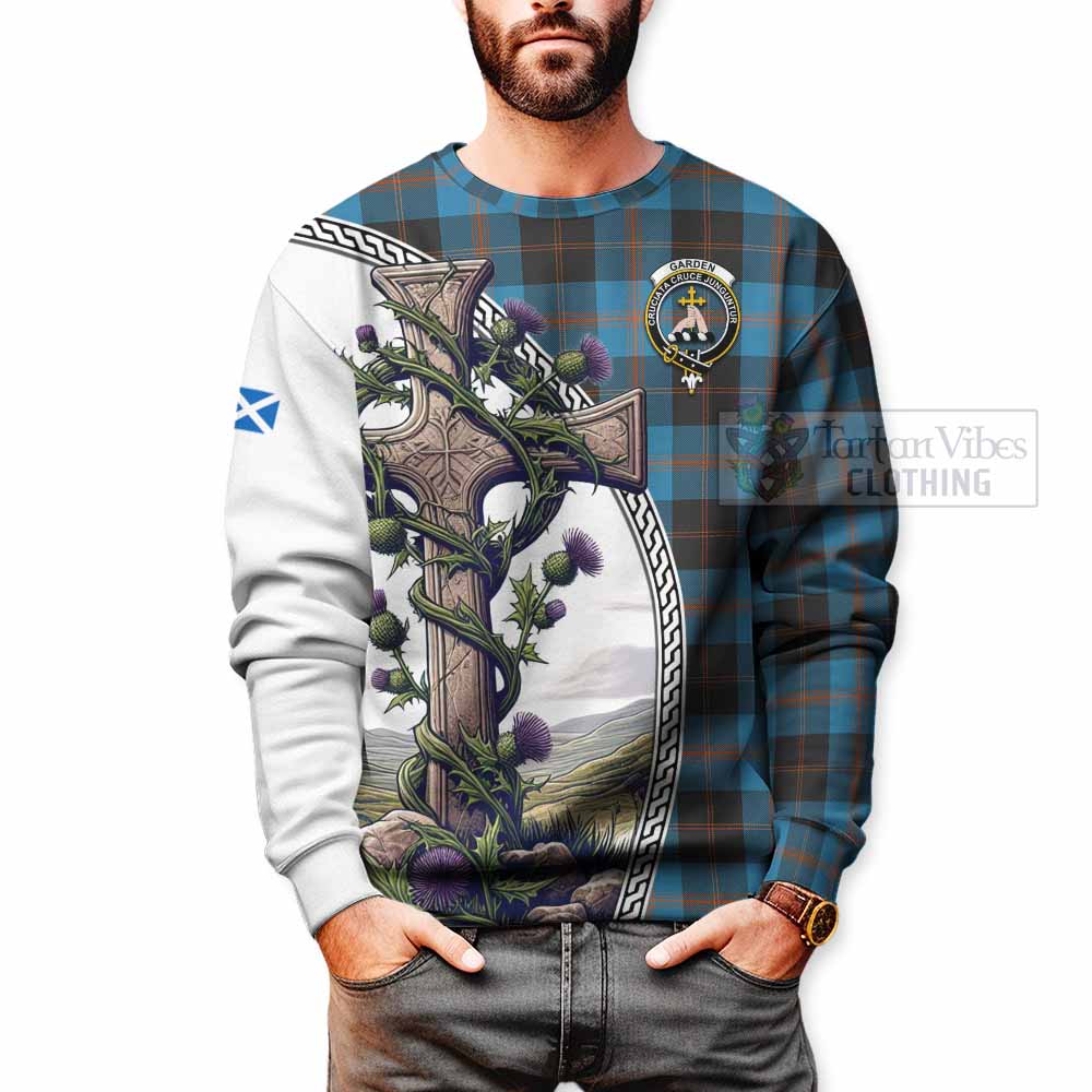 Tartan Vibes Clothing Garden (Gardyne) Tartan Sweatshirt with Family Crest and St. Andrew's Cross Accented by Thistle Vines