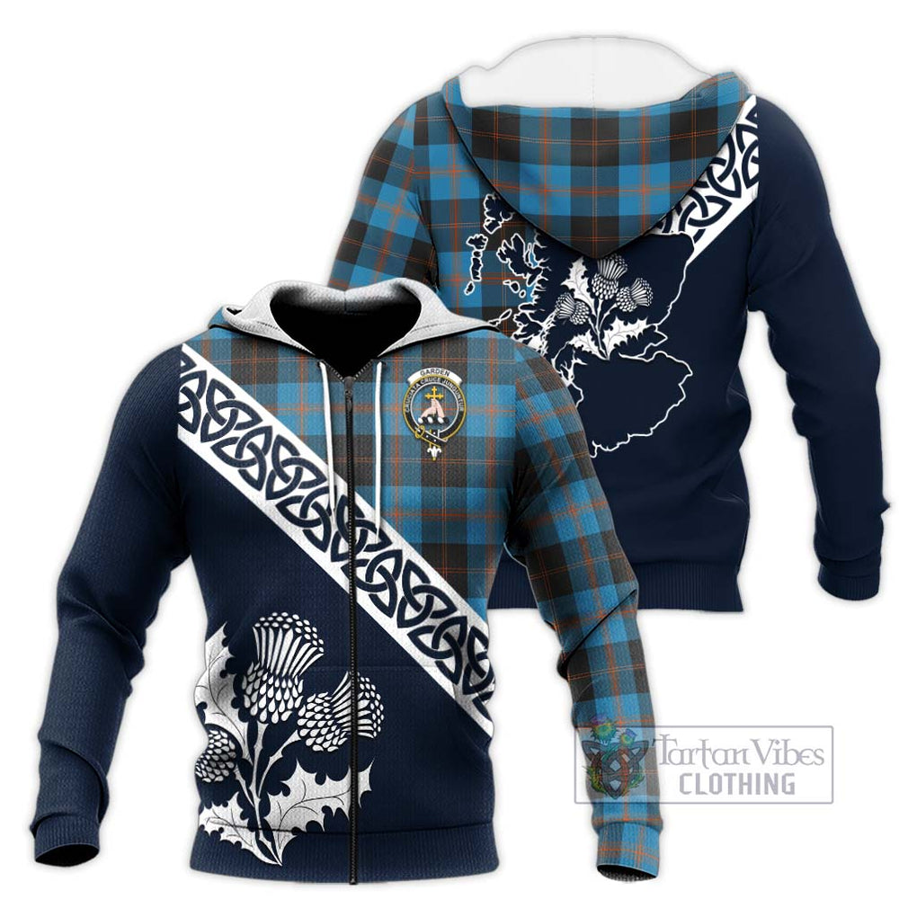 Tartan Vibes Clothing Garden (Gardyne) Tartan Knitted Hoodie Featuring Thistle and Scotland Map