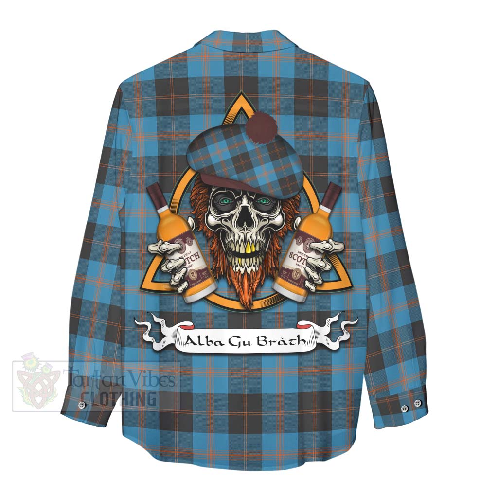 Tartan Vibes Clothing Garden (Gardyne) Tartan Women's Casual Shirt with Family Crest and Bearded Skull Holding Bottles of Whiskey