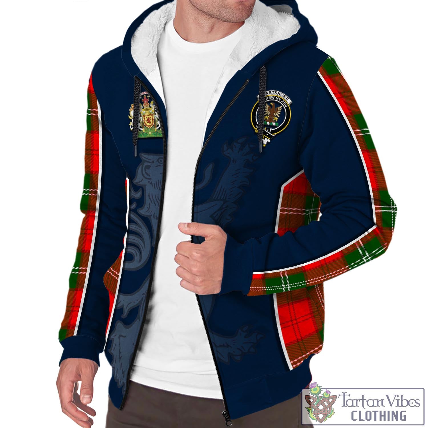 Tartan Vibes Clothing Gartshore Tartan Sherpa Hoodie with Family Crest and Lion Rampant Vibes Sport Style