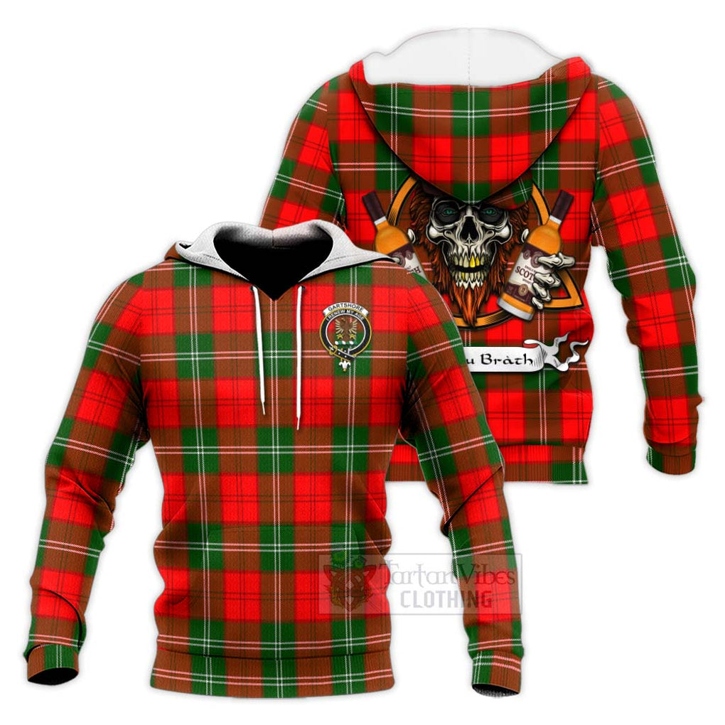 Tartan Vibes Clothing Gartshore Tartan Knitted Hoodie with Family Crest and Bearded Skull Holding Bottles of Whiskey