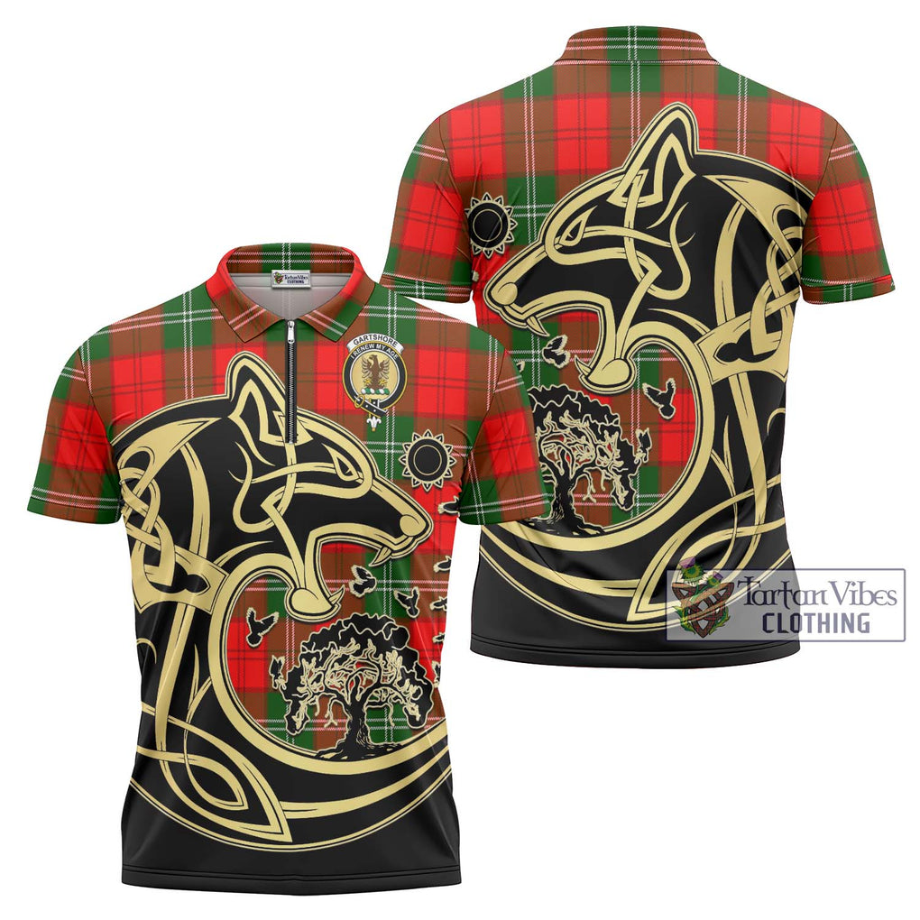 Gartshore Tartan Zipper Polo Shirt with Family Crest Celtic Wolf Style Unisex - Tartanvibesclothing Shop