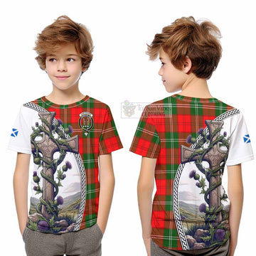 Gartshore Tartan Kid T-Shirt with Family Crest and St. Andrew's Cross Accented by Thistle Vines