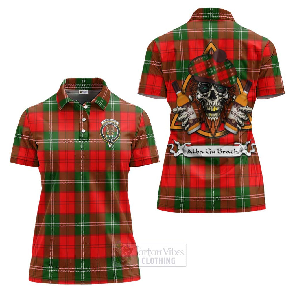 Tartan Vibes Clothing Gartshore Tartan Women's Polo Shirt with Family Crest and Bearded Skull Holding Bottles of Whiskey