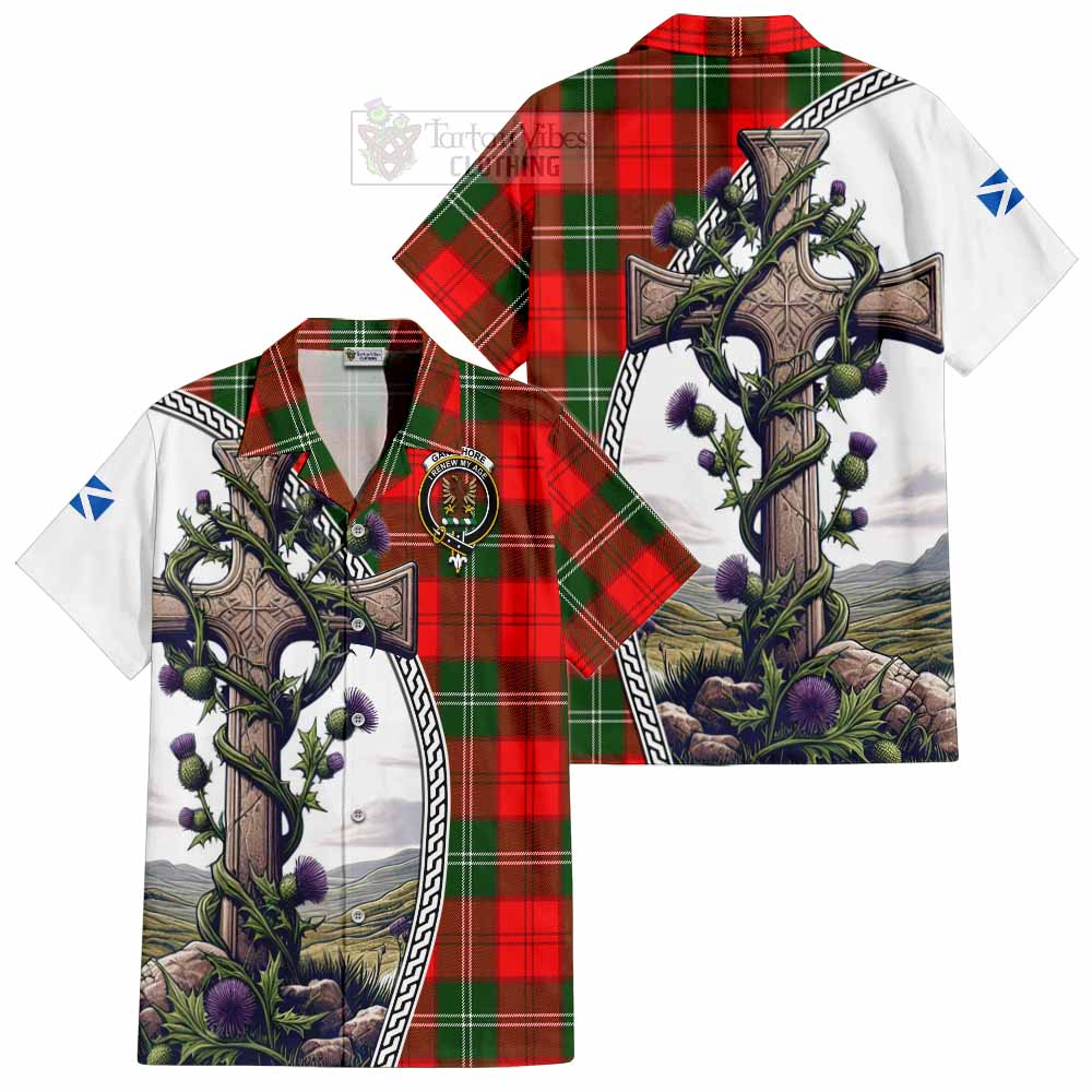 Tartan Vibes Clothing Gartshore Tartan Short Sleeve Button Shirt with Family Crest and St. Andrew's Cross Accented by Thistle Vines