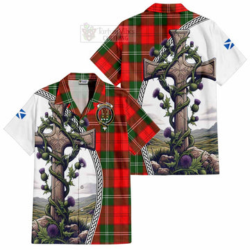 Gartshore Tartan Short Sleeve Button Shirt with Family Crest and St. Andrew's Cross Accented by Thistle Vines