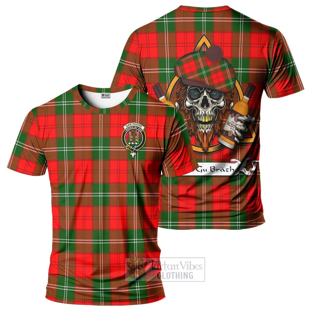 Tartan Vibes Clothing Gartshore Tartan T-Shirt with Family Crest and Bearded Skull Holding Bottles of Whiskey