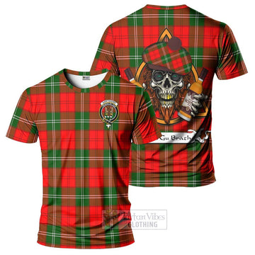 Gartshore Tartan T-Shirt with Family Crest and Bearded Skull Holding Bottles of Whiskey