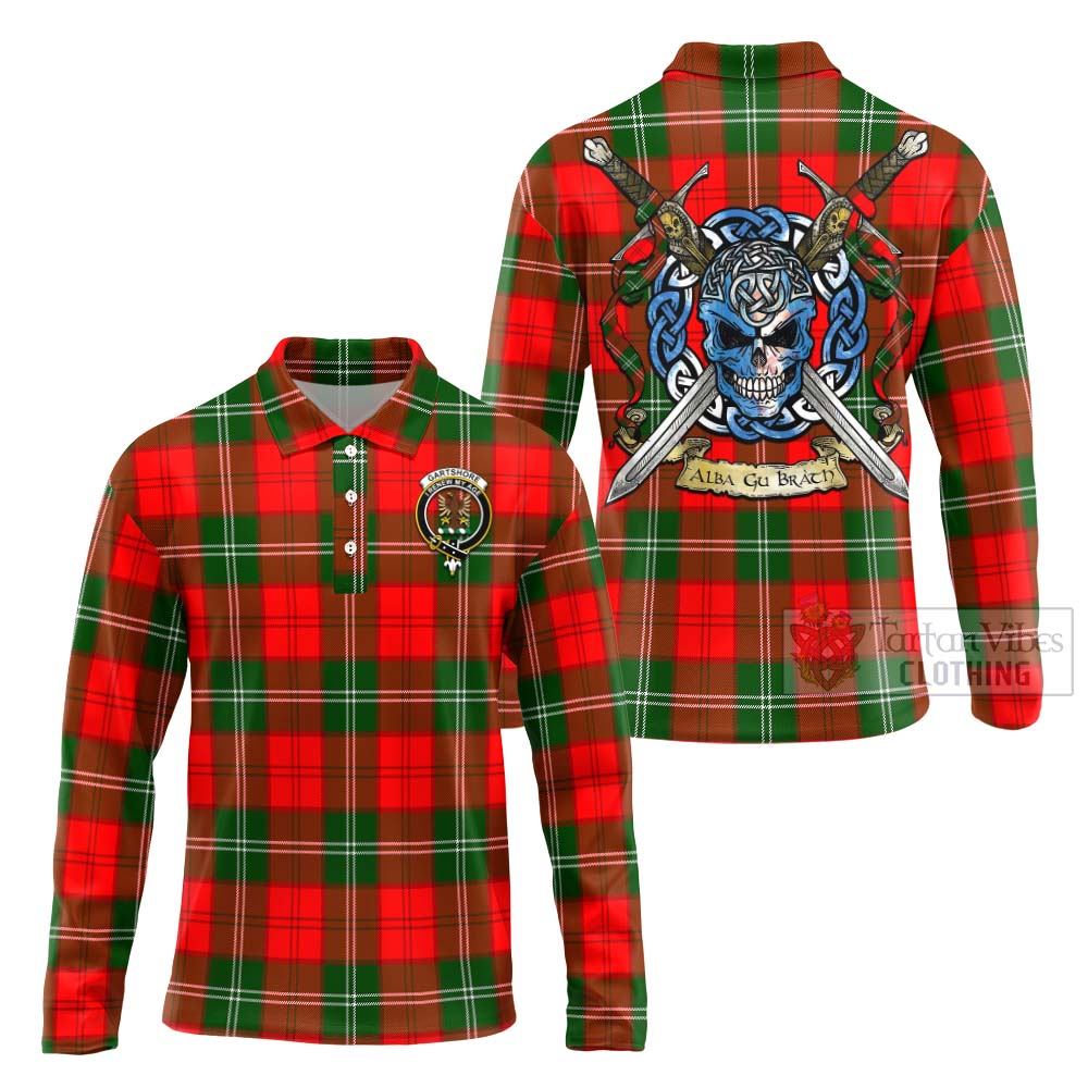 Tartan Vibes Clothing Gartshore Tartan Long Sleeve Polo Shirt with Family Crest Celtic Skull Style