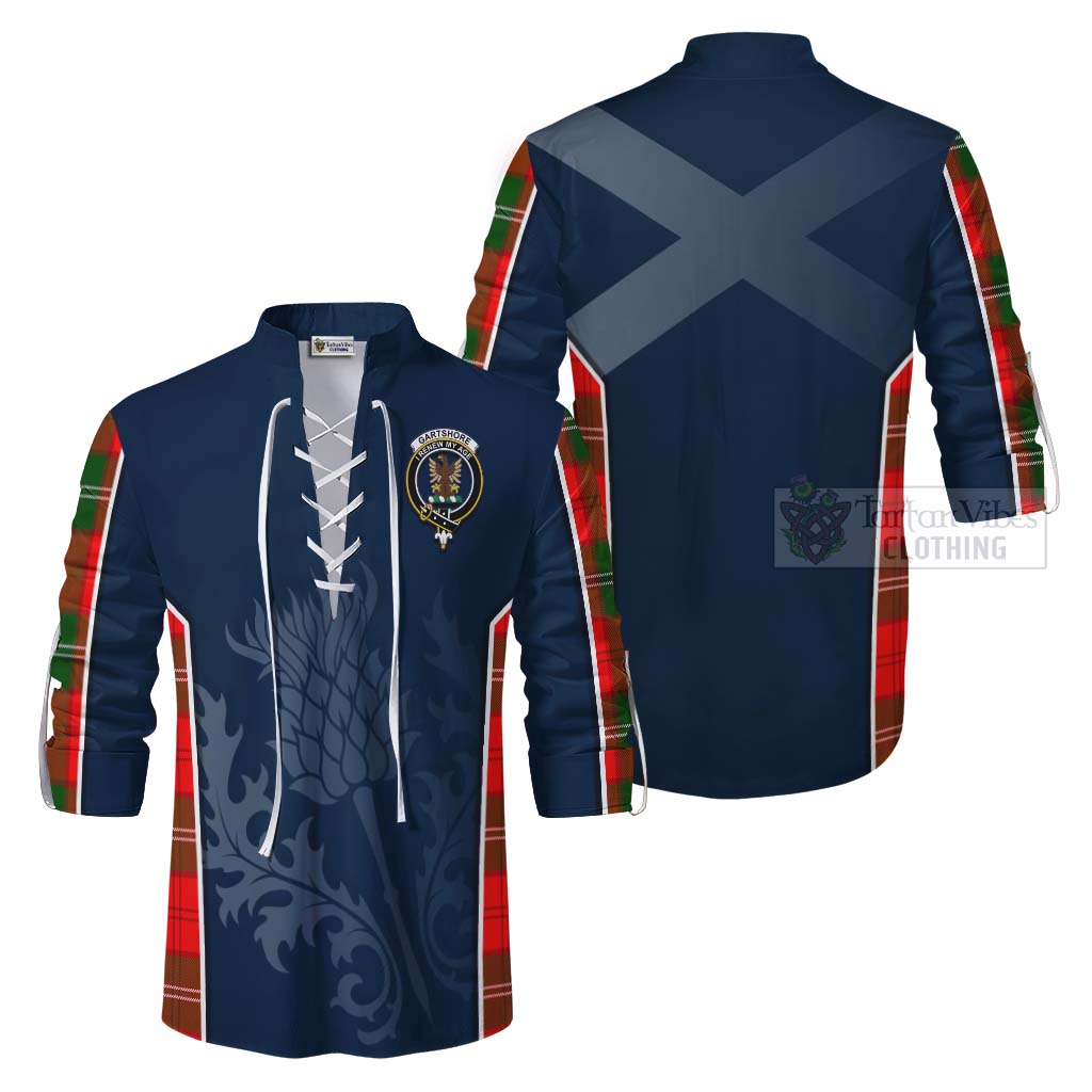 Tartan Vibes Clothing Gartshore Tartan Ghillie Kilt Shirt with Family Crest and Scottish Thistle Vibes Sport Style