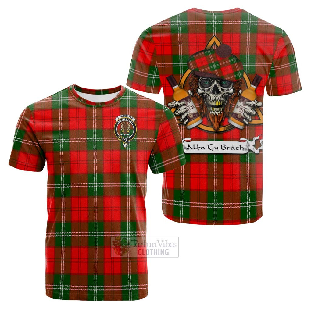 Tartan Vibes Clothing Gartshore Tartan Cotton T-shirt with Family Crest and Bearded Skull Holding Bottles of Whiskey