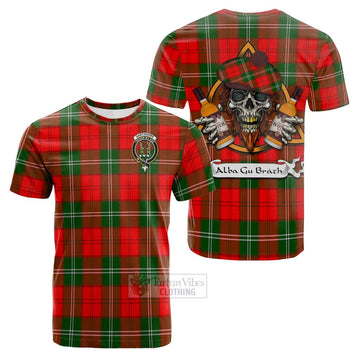 Gartshore Tartan Cotton T-shirt with Family Crest and Bearded Skull Holding Bottles of Whiskey