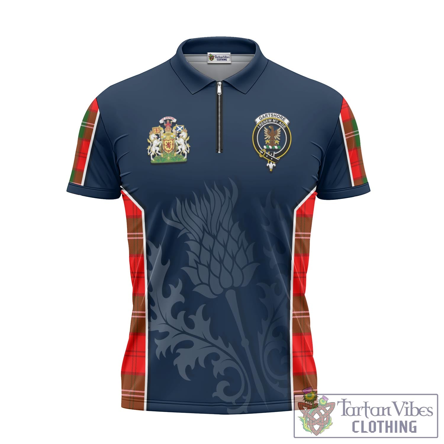 Tartan Vibes Clothing Gartshore Tartan Zipper Polo Shirt with Family Crest and Scottish Thistle Vibes Sport Style