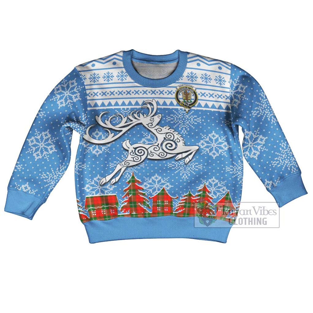 Tartan Vibes Clothing Gartshore Clan Christmas Kid Ugly Sweater with Tartan and Celtic Raindeer Style