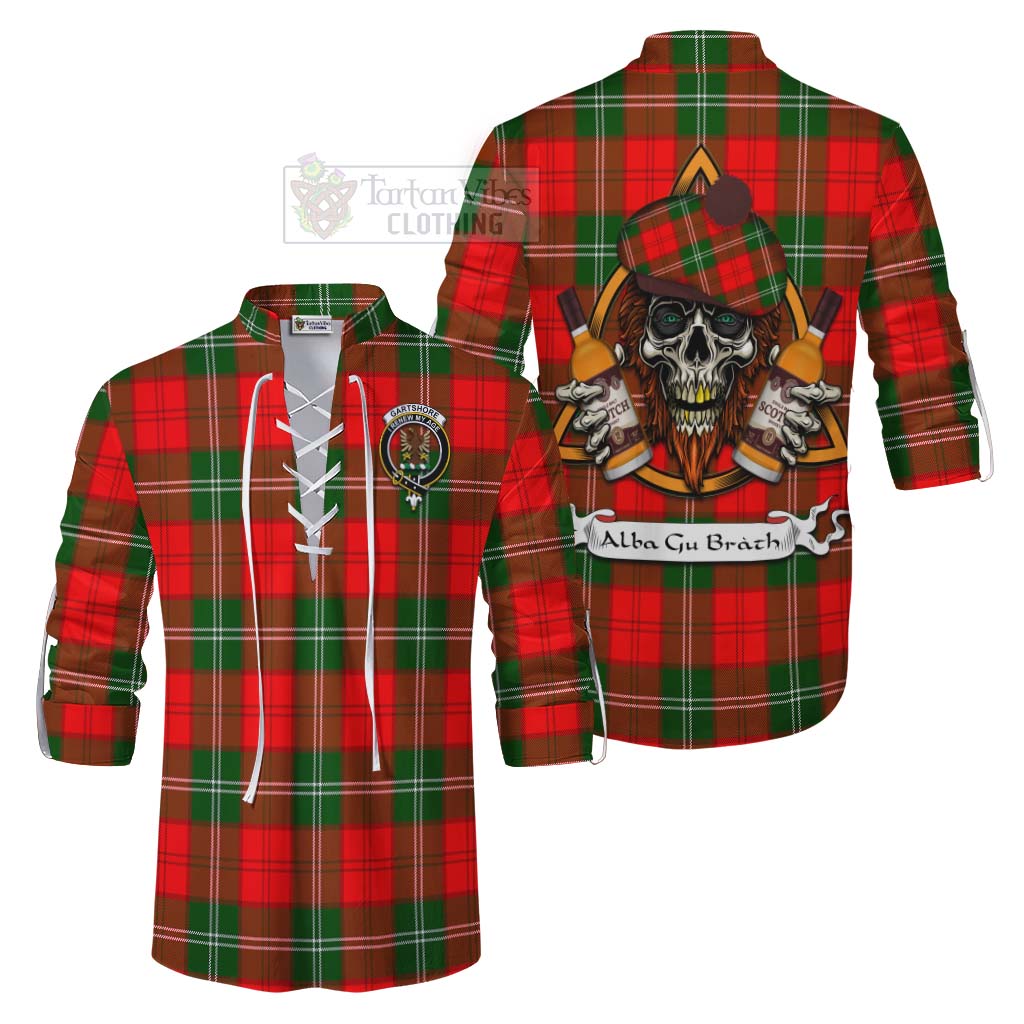 Tartan Vibes Clothing Gartshore Tartan Ghillie Kilt Shirt with Family Crest and Bearded Skull Holding Bottles of Whiskey