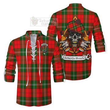 Gartshore Tartan Ghillie Kilt Shirt with Family Crest and Bearded Skull Holding Bottles of Whiskey