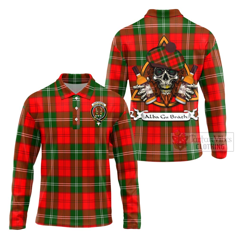 Tartan Vibes Clothing Gartshore Tartan Long Sleeve Polo Shirt with Family Crest and Bearded Skull Holding Bottles of Whiskey