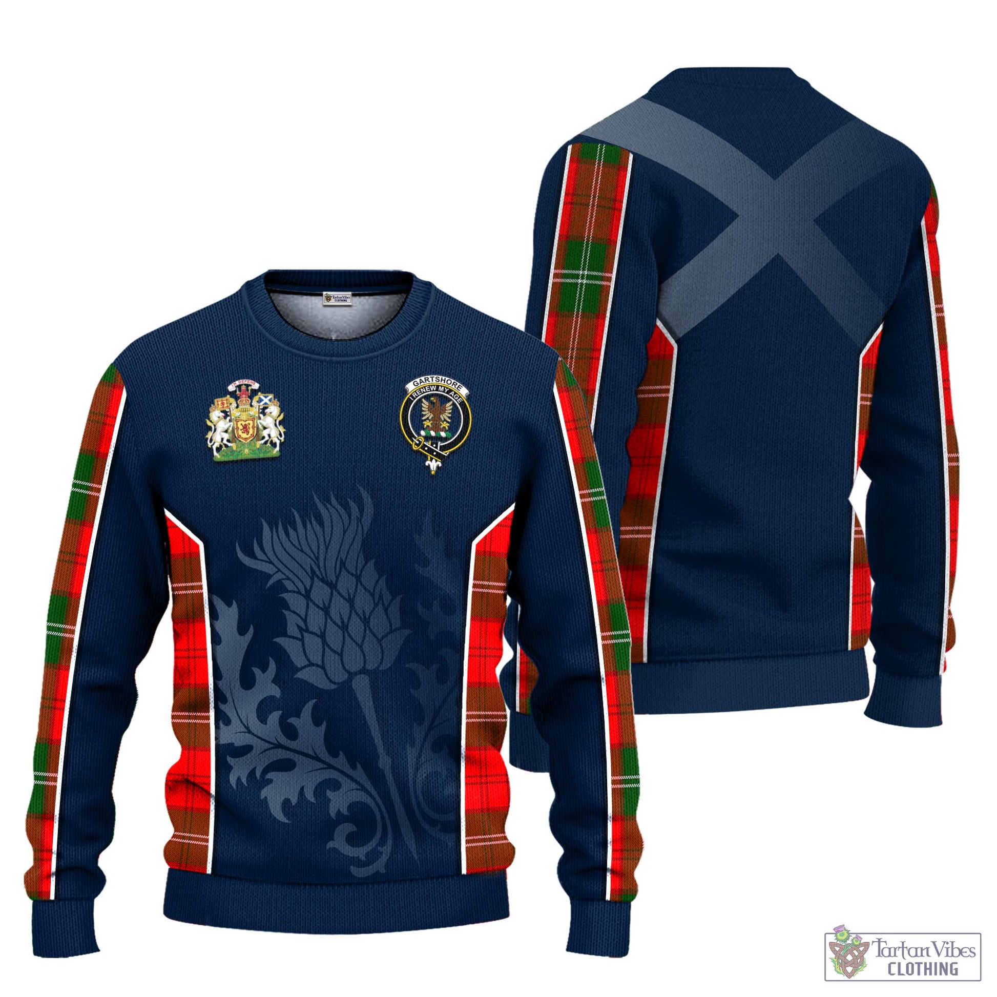 Tartan Vibes Clothing Gartshore Tartan Knitted Sweatshirt with Family Crest and Scottish Thistle Vibes Sport Style