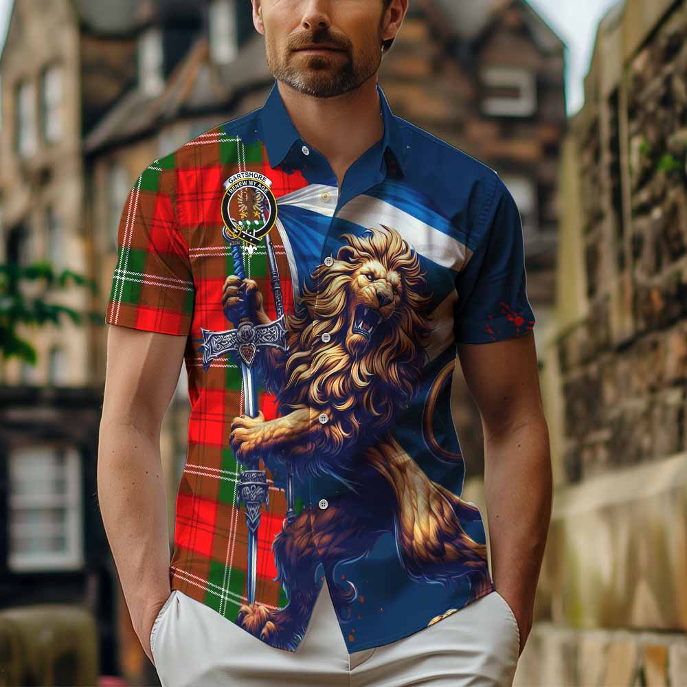 Tartan Vibes Clothing Gartshore Tartan Family Crest Short Sleeve Button Shirt with Scottish Majestic Lion