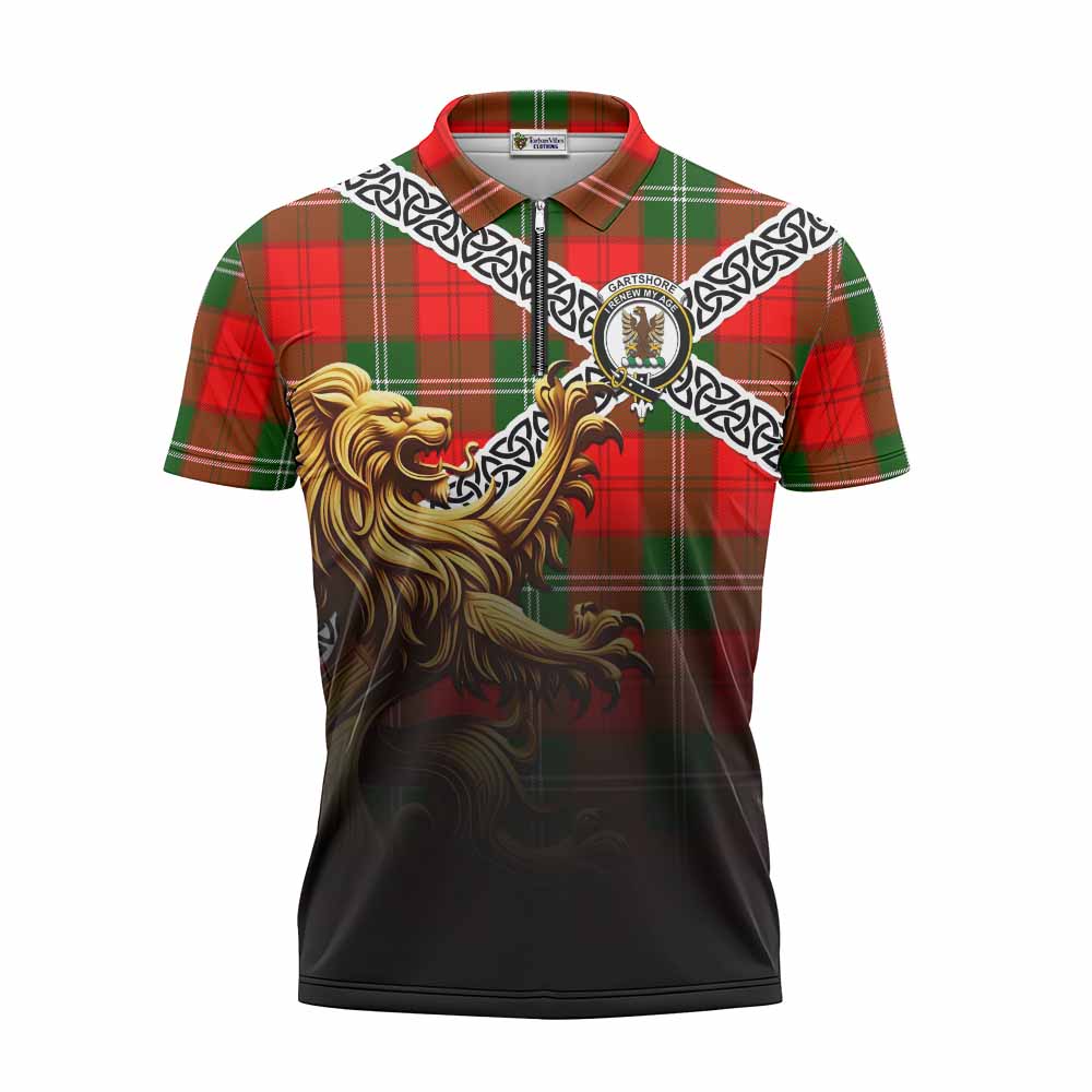 Gartshore Crest Tartan Zipper Polo Shirt with Golden Lion Emblem Celtic Style Unisex - Tartan Vibes Clothing
