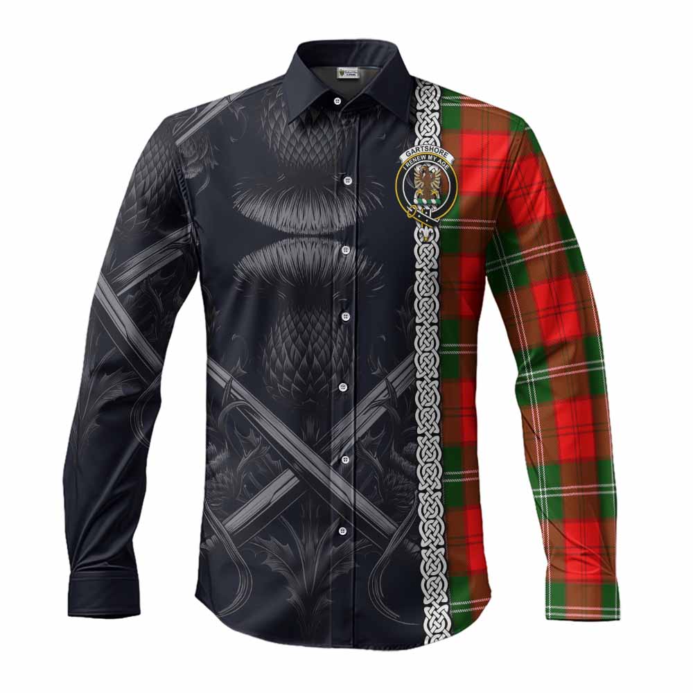 Gartshore Tartan Long Sleeve Button Shirt with Family Crest Cross Sword Thistle Celtic Vibes Men's Shirt S - Tartan Vibes Clothing