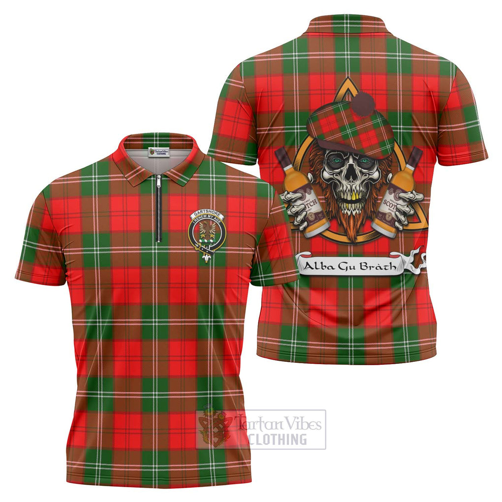 Tartan Vibes Clothing Gartshore Tartan Zipper Polo Shirt with Family Crest and Bearded Skull Holding Bottles of Whiskey