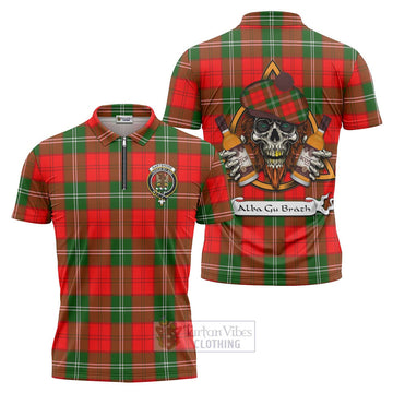 Gartshore Tartan Zipper Polo Shirt with Family Crest and Bearded Skull Holding Bottles of Whiskey