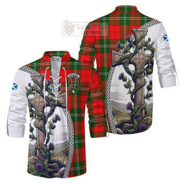 Gartshore Tartan Ghillie Kilt Shirt with Family Crest and St. Andrew's Cross Accented by Thistle Vines