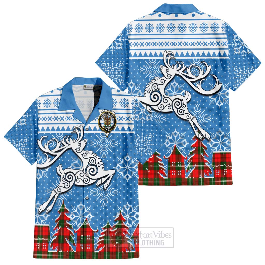 Tartan Vibes Clothing Gartshore Clan Christmas Short Sleeve Button Shirt Celtic Reindeer Style