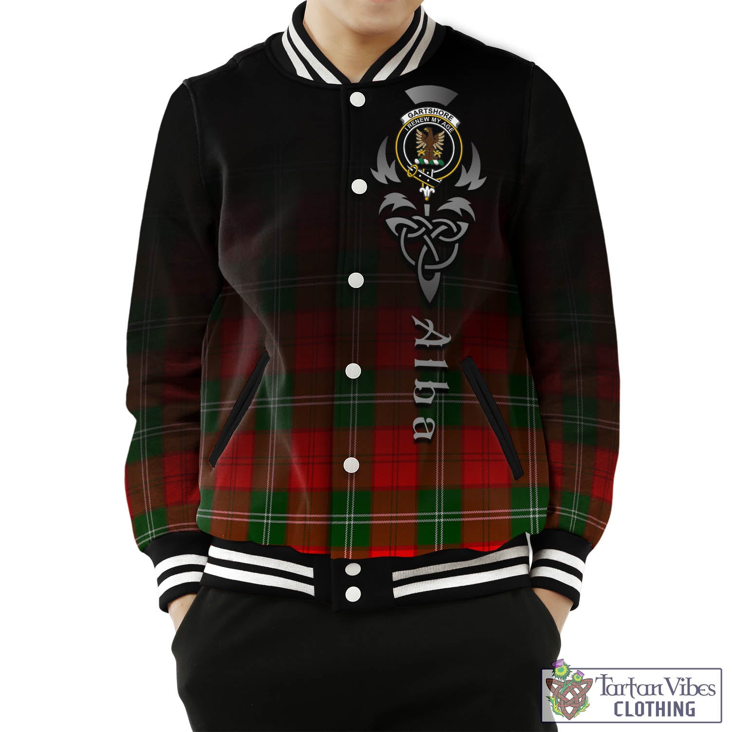 Tartan Vibes Clothing Gartshore Tartan Baseball Jacket Featuring Alba Gu Brath Family Crest Celtic Inspired