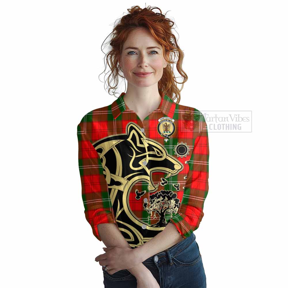 Tartan Vibes Clothing Gartshore Tartan Women's Casual Shirt with Family Crest Celtic Wolf Style