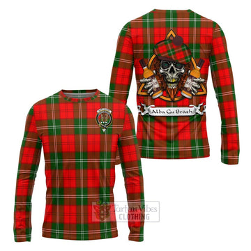 Gartshore Tartan Long Sleeve T-Shirt with Family Crest and Bearded Skull Holding Bottles of Whiskey