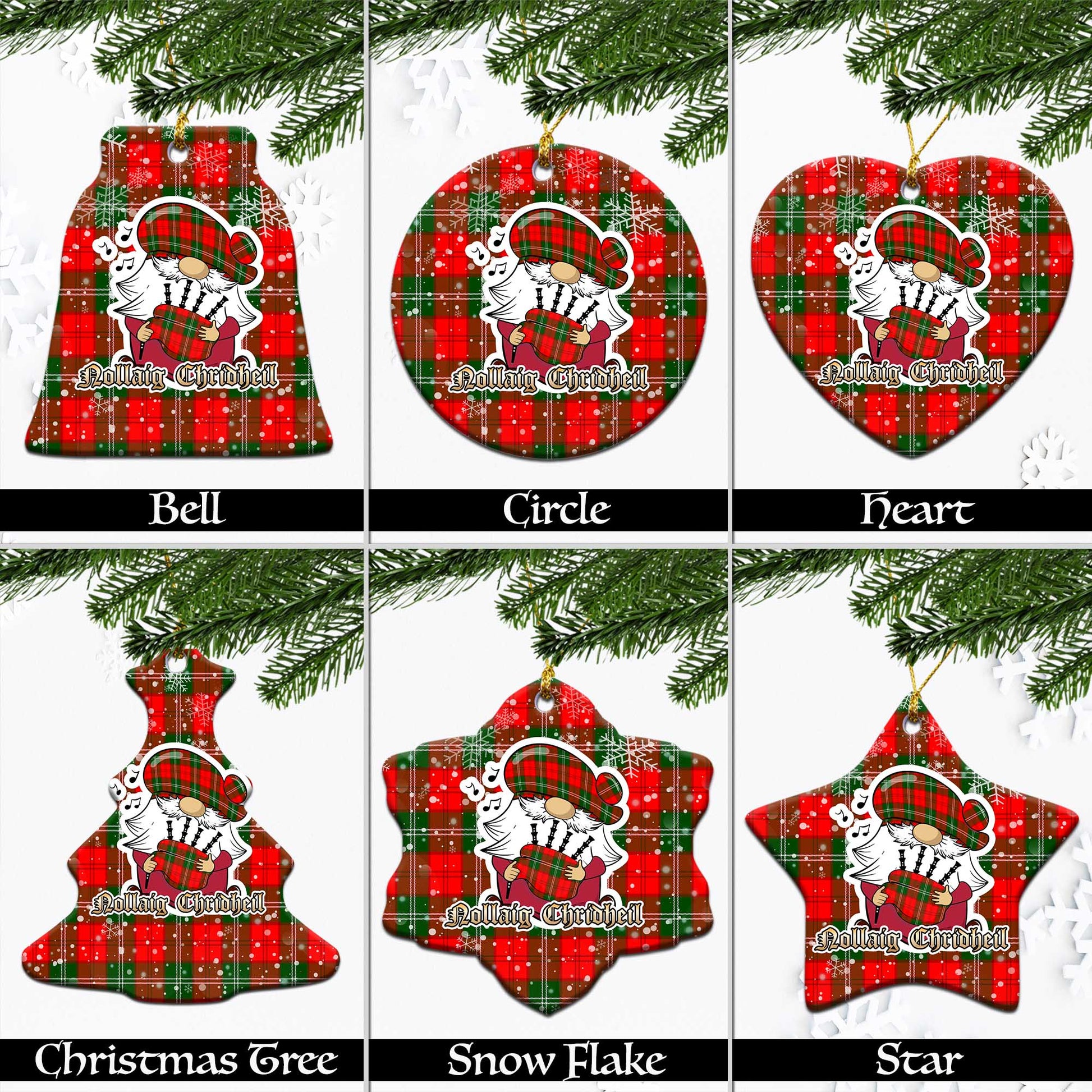 Gartshore Tartan Christmas Ornaments with Scottish Gnome Playing Bagpipes Ceramic - Tartanvibesclothing