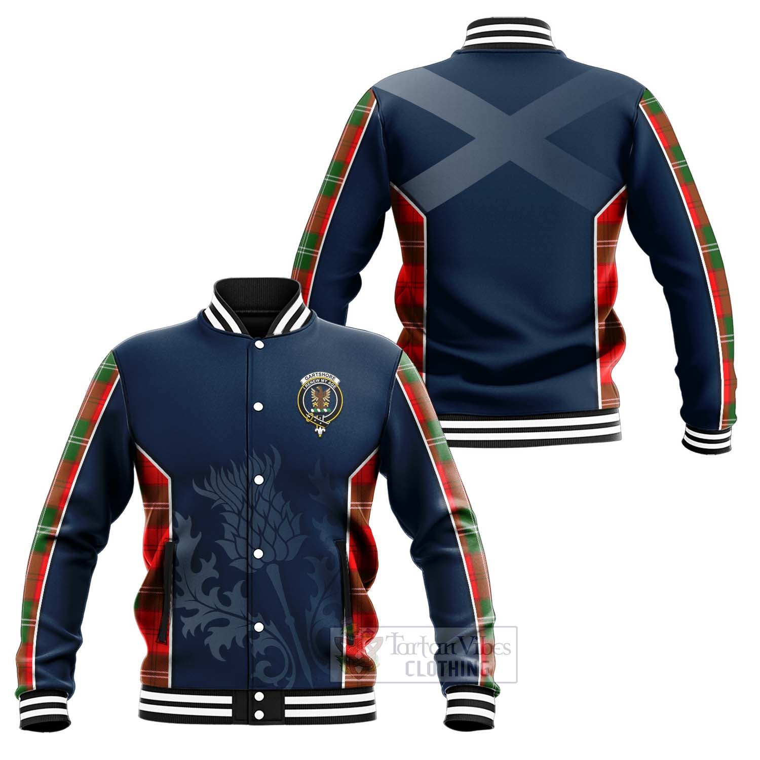 Tartan Vibes Clothing Gartshore Tartan Baseball Jacket with Family Crest and Scottish Thistle Vibes Sport Style