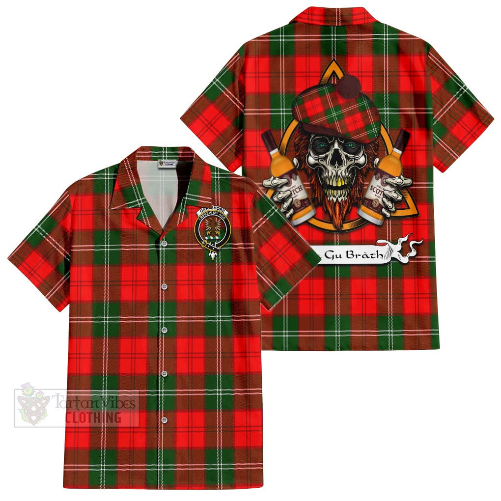 Tartan Vibes Clothing Gartshore Tartan Short Sleeve Button Shirt with Family Crest and Bearded Skull Holding Bottles of Whiskey