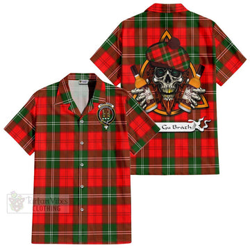 Gartshore Tartan Short Sleeve Button Shirt with Family Crest and Bearded Skull Holding Bottles of Whiskey