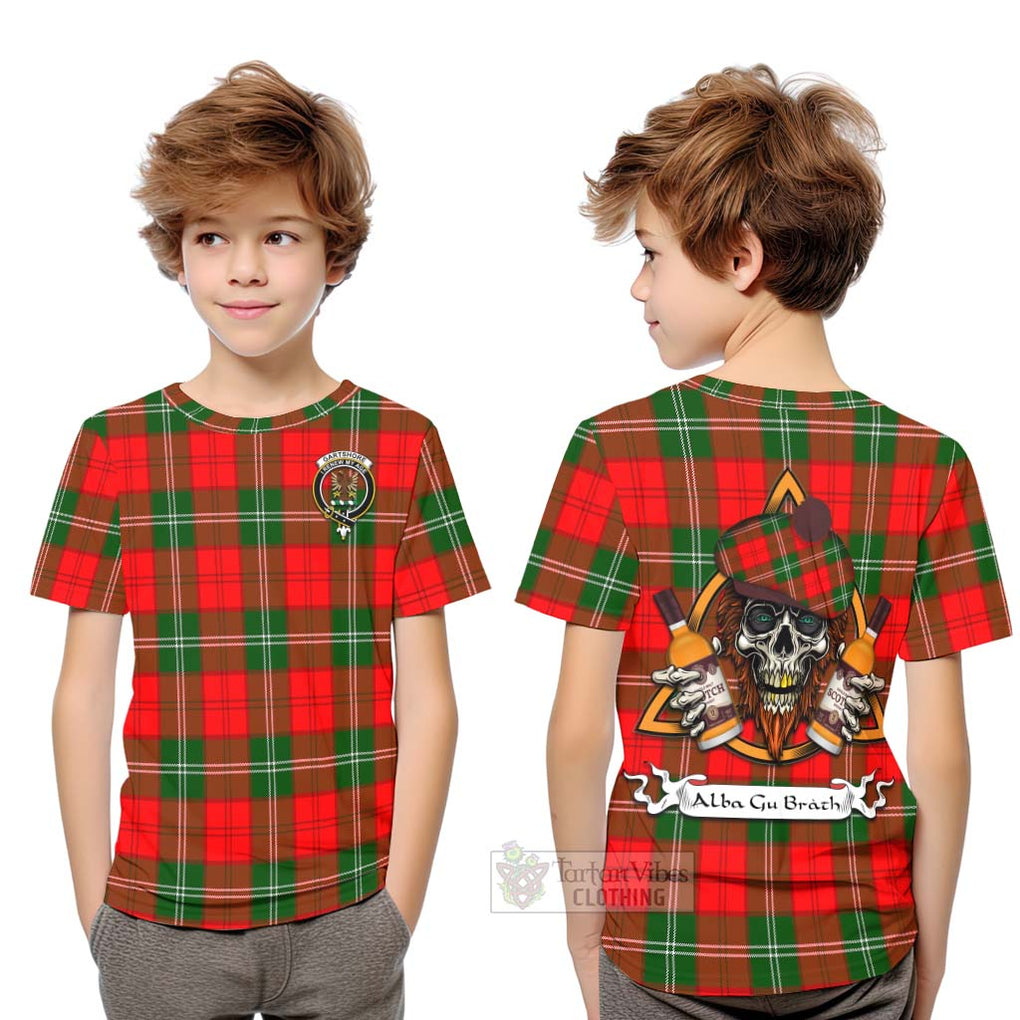 Tartan Vibes Clothing Gartshore Tartan Kid T-Shirt with Family Crest and Bearded Skull Holding Bottles of Whiskey