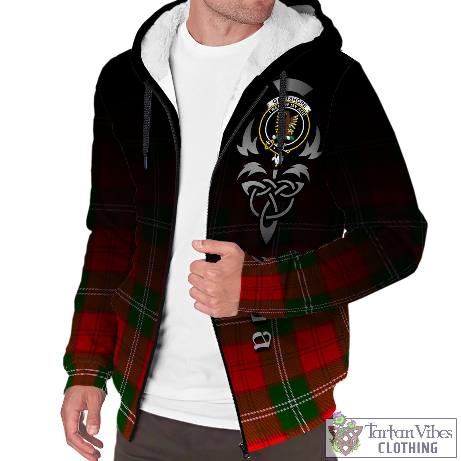 Tartan Vibes Clothing Gartshore Tartan Sherpa Hoodie Featuring Alba Gu Brath Family Crest Celtic Inspired