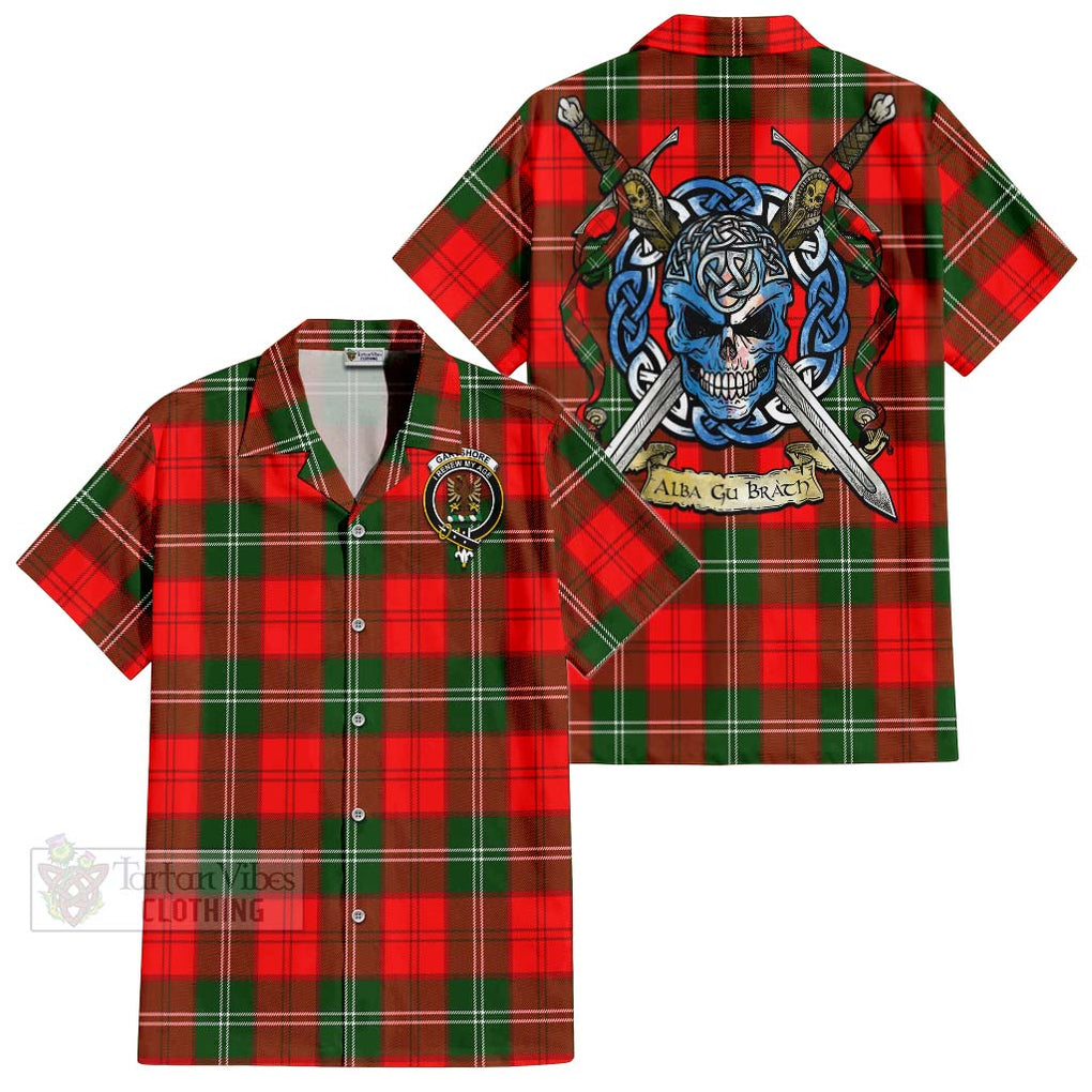 Tartan Vibes Clothing Gartshore Tartan Short Sleeve Button Shirt with Family Crest Celtic Skull Style