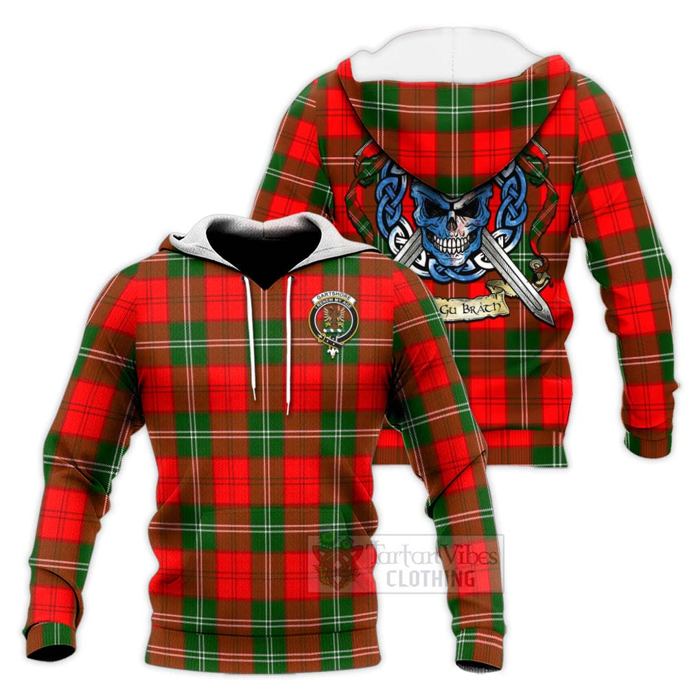 Tartan Vibes Clothing Gartshore Tartan Knitted Hoodie with Family Crest Celtic Skull Style